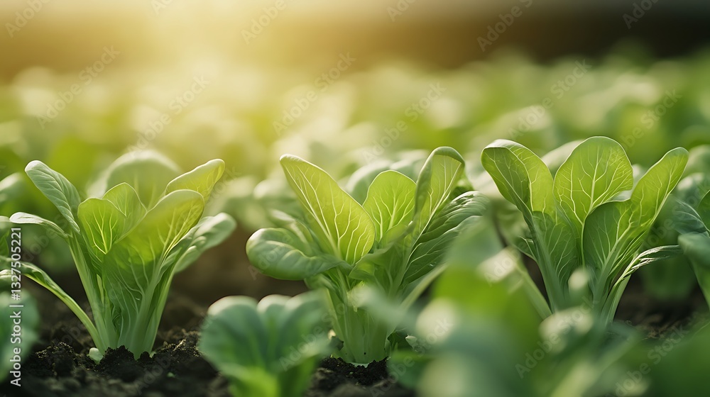 Obraz premium Bok Choy Growing in Field Agriculture at Sunset