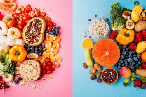Healthy lifestyle transformation illustrated through processed junk food and organic meals in Saint Petersburg Generative AI