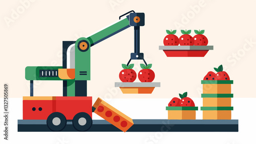 The robotic picker is equipped with a sorting mechanism allowing it to separate strawberries by size color or riss and create customizable batches for packaging and distribution.. Vector illustration
