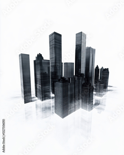 Shadow of office buildings with skyscrapers on a white background.