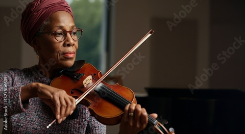 African mature woman playing violin with focus and grace in dimly lit room
