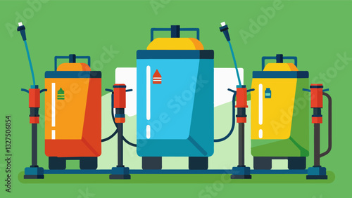 These sprayers are designed with durability and reliability in mind able to withstand various weather conditions and ensuring consistent and efficient spraying performance.. Vector illustration