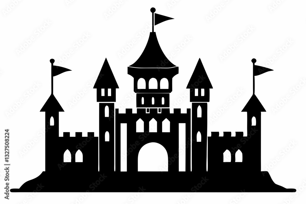 Obraz premium castle with tower and flags line art silhouette vector illustration