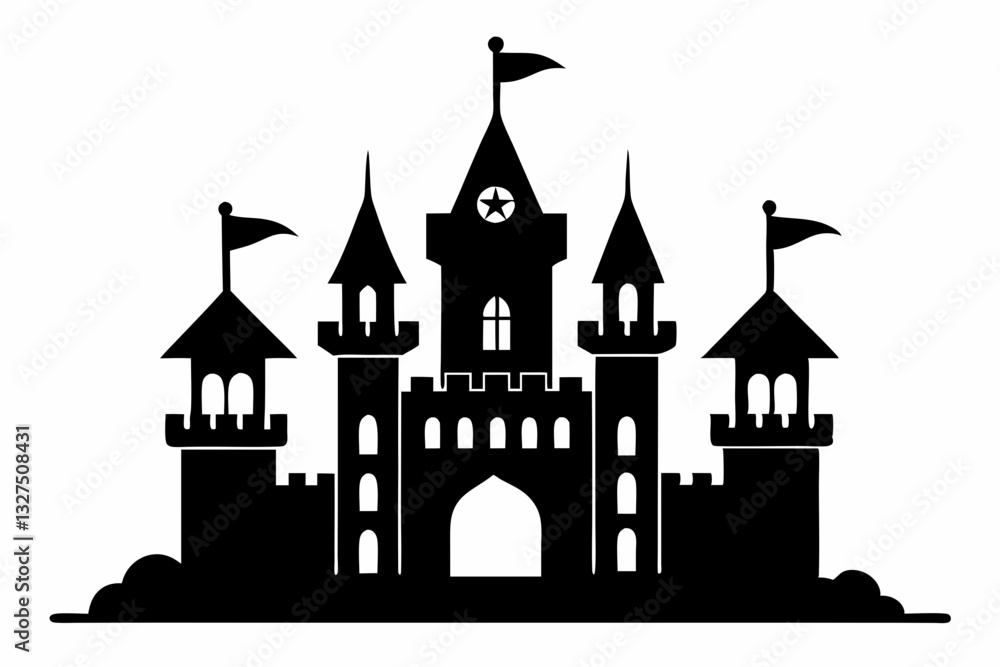 castle with tower and flags line art silhouette vector illustration castle with tower and flags line art silhouette vector illustration