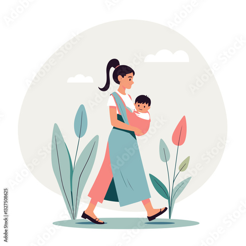 "Mother carrying baby in a sling on a walk, childhood care and bonding, flat design"