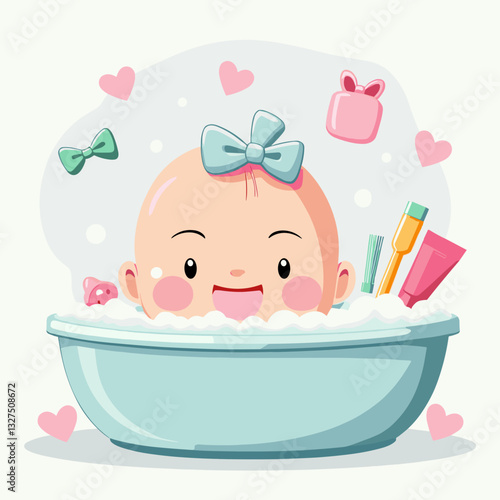 "Baby taking a bubble bath, hygiene, care, and family comfort, flat design"