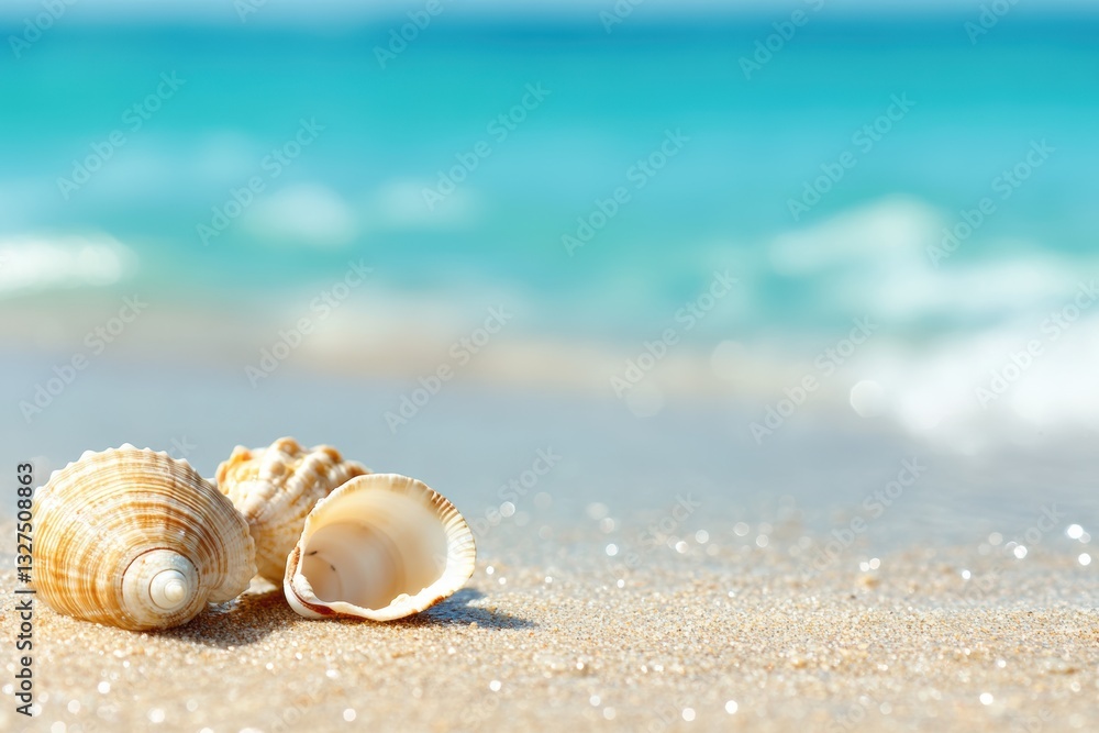 美しいビーチに打ち上げられた貝殻と青い海の風景