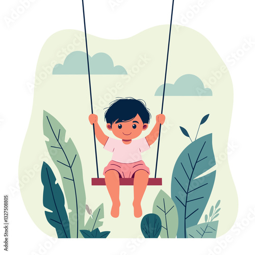 "Child on a swing in nature, carefree childhood and family love, flat design"