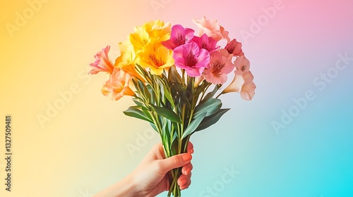 A hand gently holding a beautiful bouquet of colorful flowers