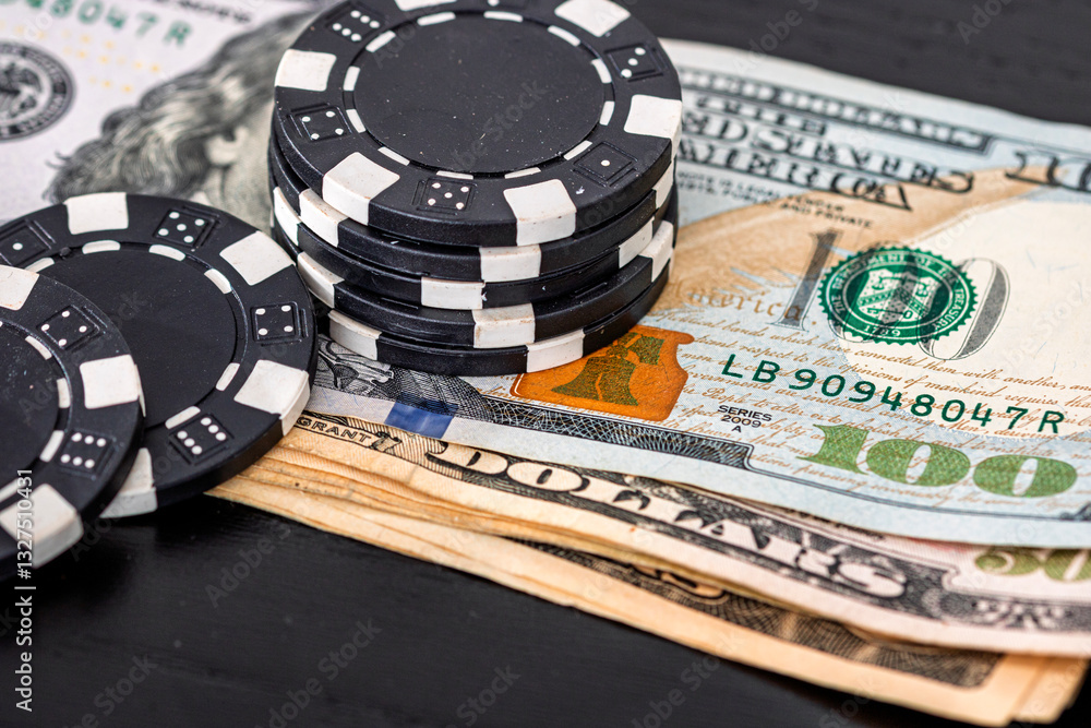 Obraz premium Stacks of poker chips with money on black background