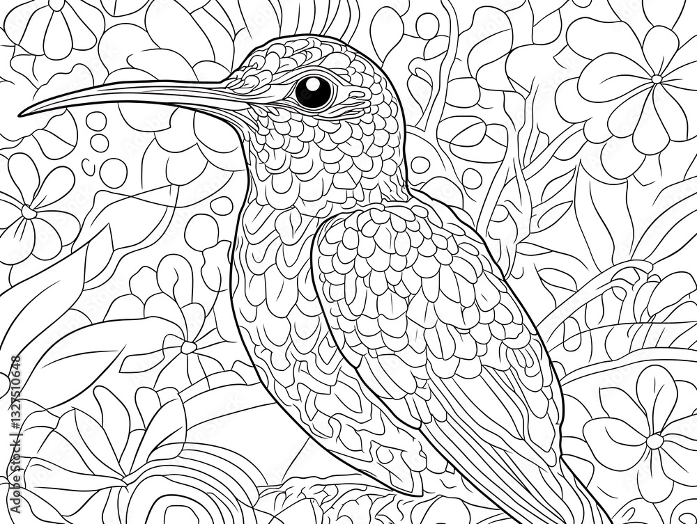 Fototapeta premium Hummingbird drawing in garden with flowers, for coloring