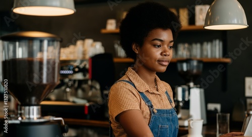 African female adult barista in cafe setting with coffee equipment photo