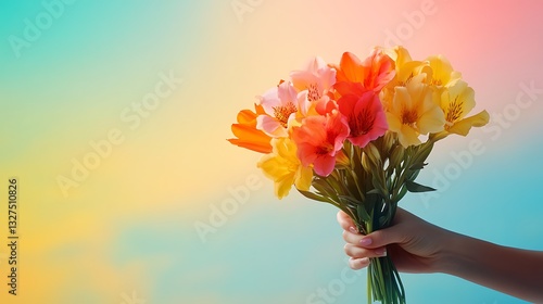 Hand holding beautiful bouquet of colorful blooming fresh flowers