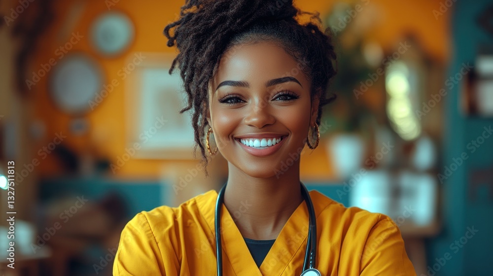 Smiling doctor in yellow scrubs at clinic with decor background Smiling doctor in yellow scrubs at clinic with decor background