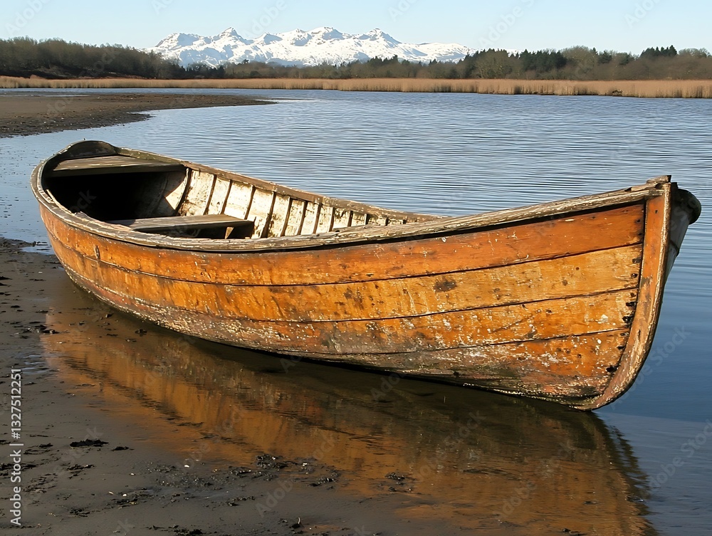 A weathered wooden boat rests near a tranquil body of water A weathered wooden boat rests near a tranquil body of water