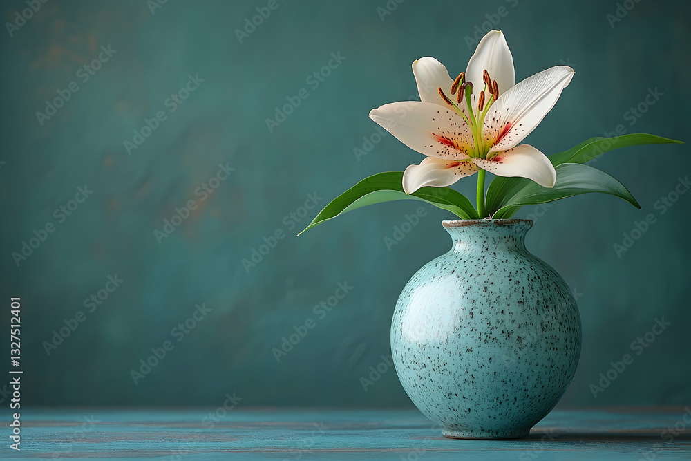 Elegant white lily in teal vase Elegant white lily in teal vase