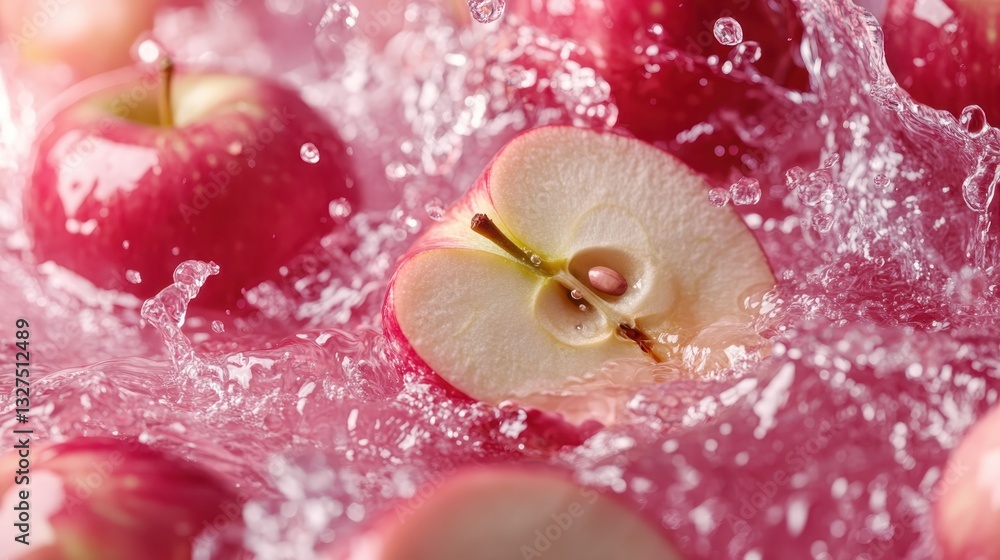 A vibrant scene showcasing fresh, juicy apples splashing in pink water, highlighting the freshness and alluring beauty of nature's bounty and richness of color. A vibrant scene showcasing fresh, juicy apples splashing in pink water, highlighting the freshness and alluring beauty of nature's bounty and richness of color.
