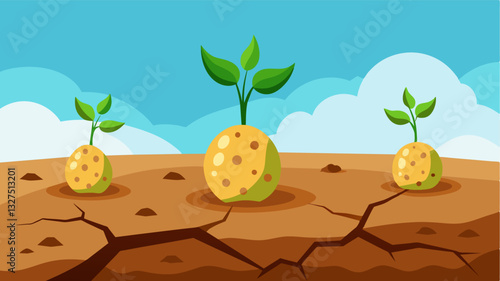 The potatoes were ly visible under the parched cracked topsoil their growth short by lack of water.. Vector illustration