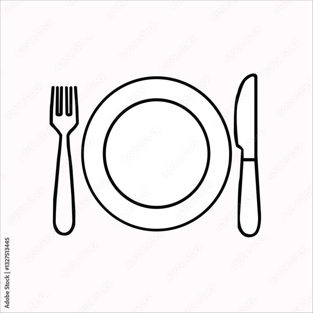 Minimalist Line Drawing Vector of a Classic Dining Place Setting with Plate, Fork, and Knife for Etiquette and Tableware Themes Minimalist Line Drawing Vector of a Classic Dining Place Setting with Plate, Fork, and Knife for Etiquette and Tableware Themes