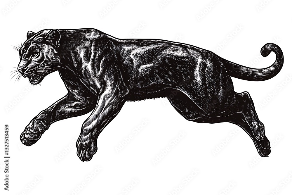 Fototapeta premium Hopping dashing panther marking hefty build and swift moves ink look sketch cutting AI-crafted vector piece scratch style echo black white frame 