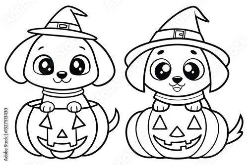 Adorable Halloween Puppies in Jack-o'-Lanterns Coloring Page line art silhouette vector.