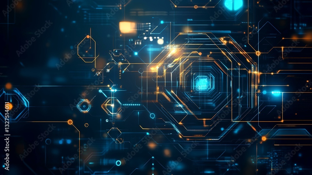 Abstract digital circuitry; glowing nodes & lines form complex network. Intricate, futuristic design Abstract digital circuitry; glowing nodes & lines form complex network. Intricate, futuristic design
