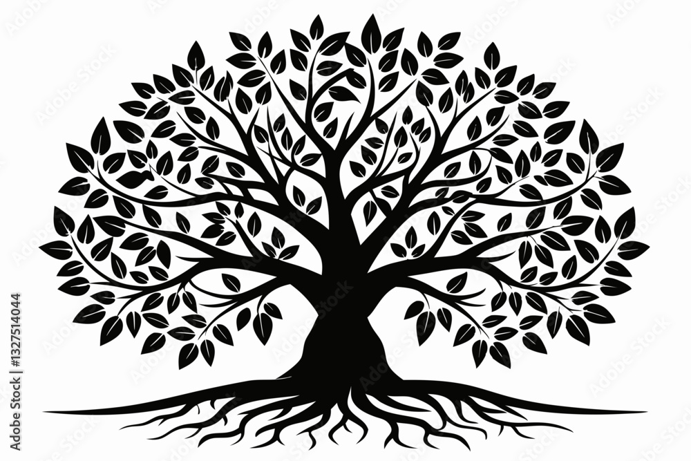 Obraz premium tree with leaves and roots line art silhouette vector illustration