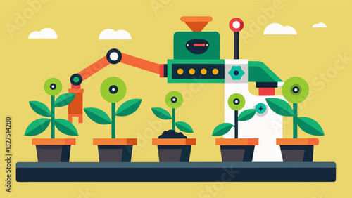 The once tedious and timeconsuming task of manually transplanting seedlings is a thing of the past thanks to the use of advanced robotic technology.. Vector illustration