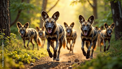 A pack of wild dogs running through the park, energetic and playful atmosphere, golden hour