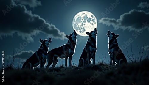 A pack of wild dogs howling at the bright moon at night, dramatic scene