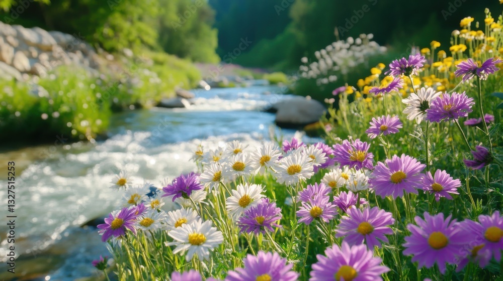 Fototapeta premium Colorful Wildflowers by a Serene River in Soft Focus