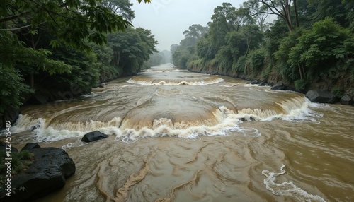 Swift river flowing through lush greenery, natural landscape, tranquil atmosphere