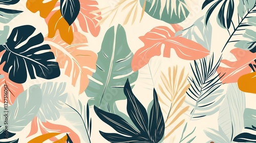 Vibrant tropical leaf pattern in muted pastel and earthy tones, featuring various stylized foliage