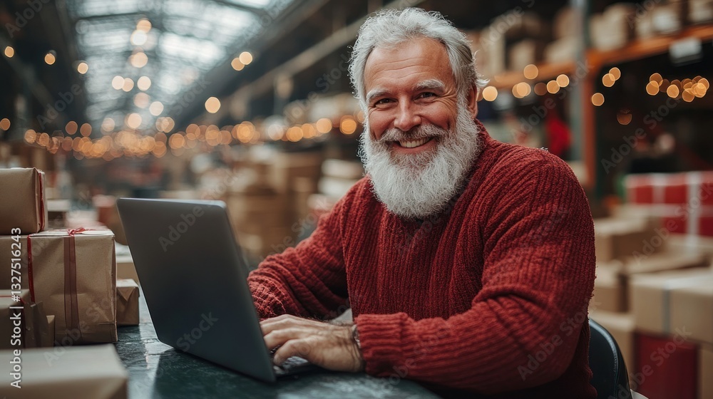 Smiling senior man using laptop in warehouse with packages Smiling senior man using laptop in warehouse with packages