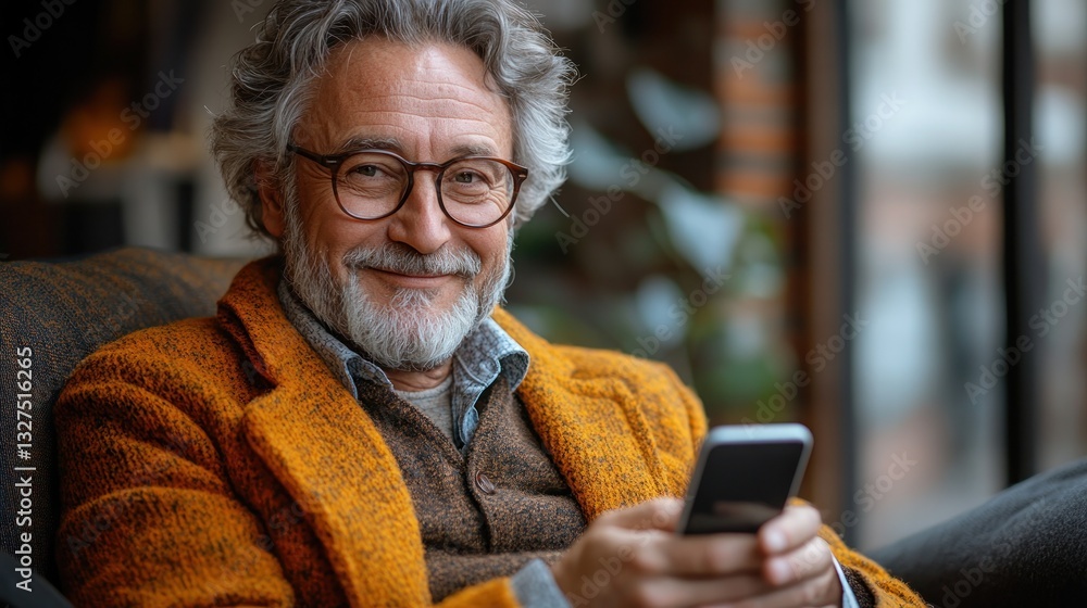 Smiling senior man using phone in cafe by window Smiling senior man using phone in cafe by window