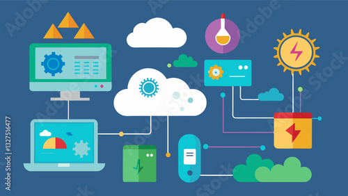 The integration of weather data into the control system allowing for automated adjustments based on predicted temperature and humidity changes.. Vector illustration