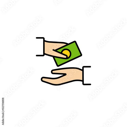 Two hands shown completing a financial transaction. one hand gives green money to another.