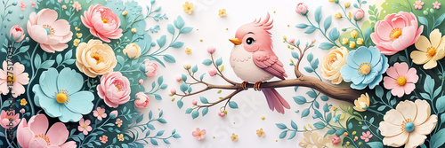 cute drawn bird flowers illustration
