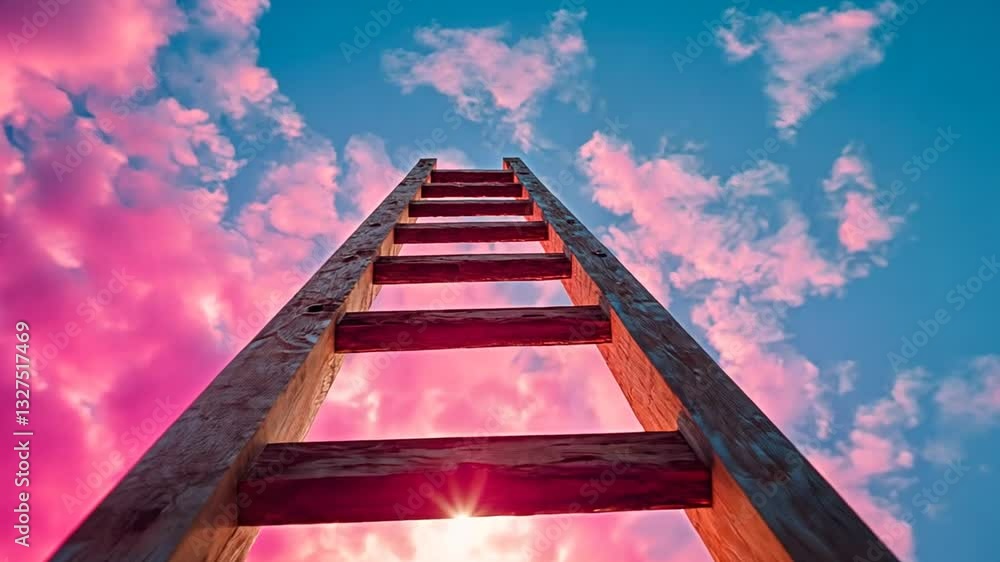 Ladder reaching vibrant sky with pink and blue clouds represents aspirations and dreams Ladder reaching vibrant sky with pink and blue clouds represents aspirations and dreams