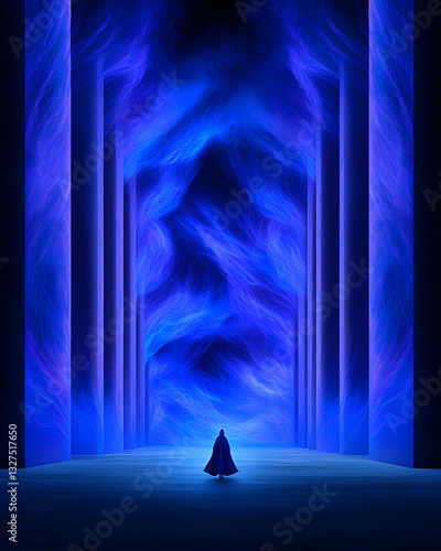 Mystical blue portal with figure in dark robe