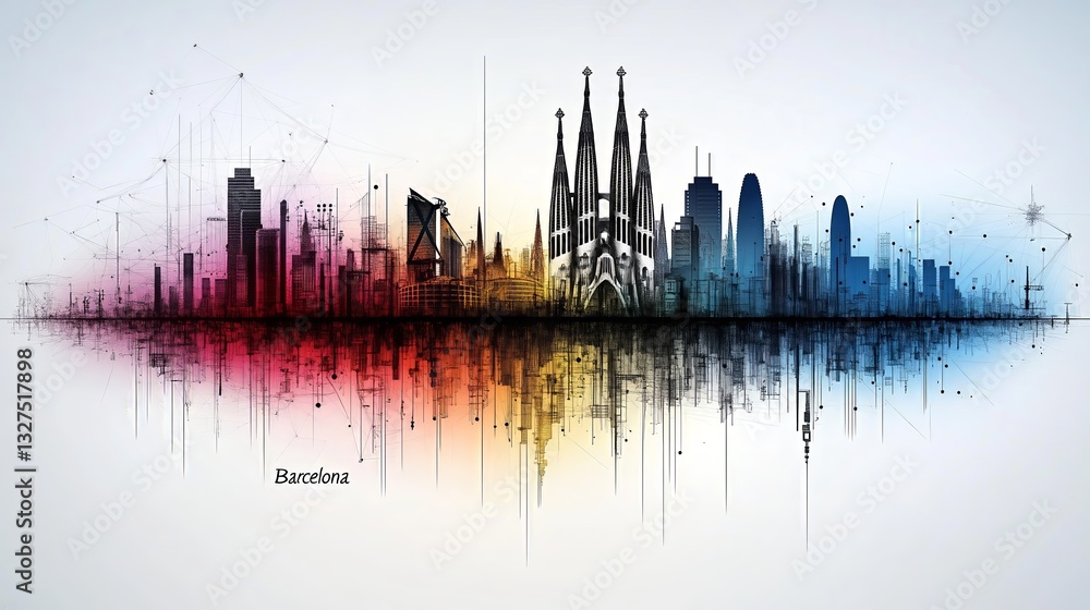 Fototapeta premium Stylish modern designed skyline silhouette of the city of Barcelona, in the colors of the national flag. Tourism concept.