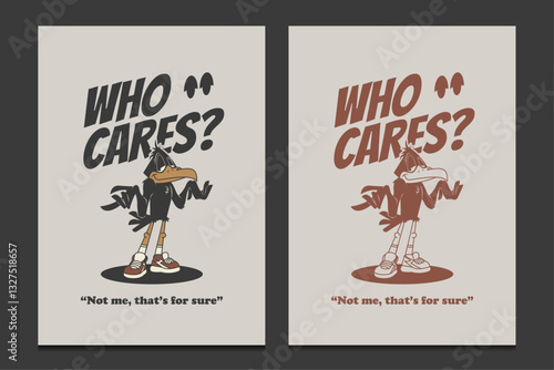 retro 70s-style poster featuring a black crow cartoon character, vector illustration