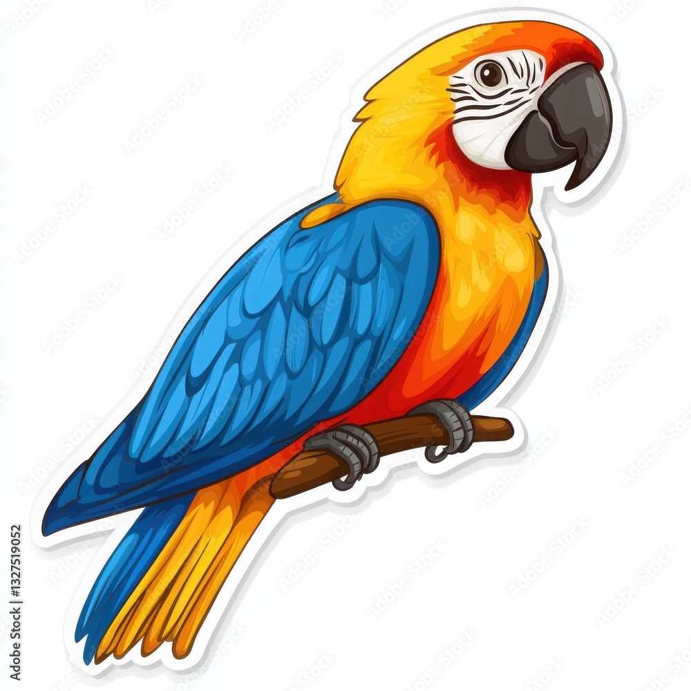 Fototapeta premium Vibrant macaw perched on a branch, showcasing its striking blue, yellow, and red plumage. A colorful illustration of a tropical bird.