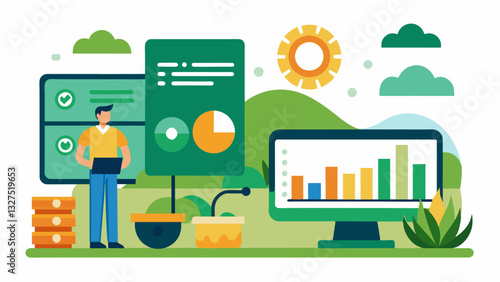 The digital tracking system automatically generates reports and analysis saving farmers time and providing valuable insights into their profitability.. Vector illustration