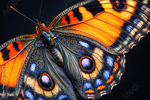 Colorful butterfly rests on a dark surface showcasing intricate wing patterns and vivid colors