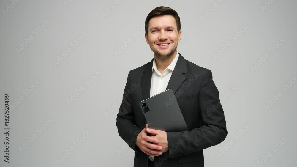 A professional man in a suit stands confidently with a tablet and a warm smile. A professional man in a suit stands confidently with a tablet and a warm smile.