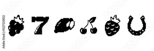 Black slot machine symbols include fruits like cherries plus good luck items in unique shapes.
