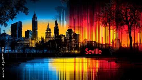 Stylish modern designed skyline silhouette of the city of Seville, in the colors of the national flag. Tourism concept.