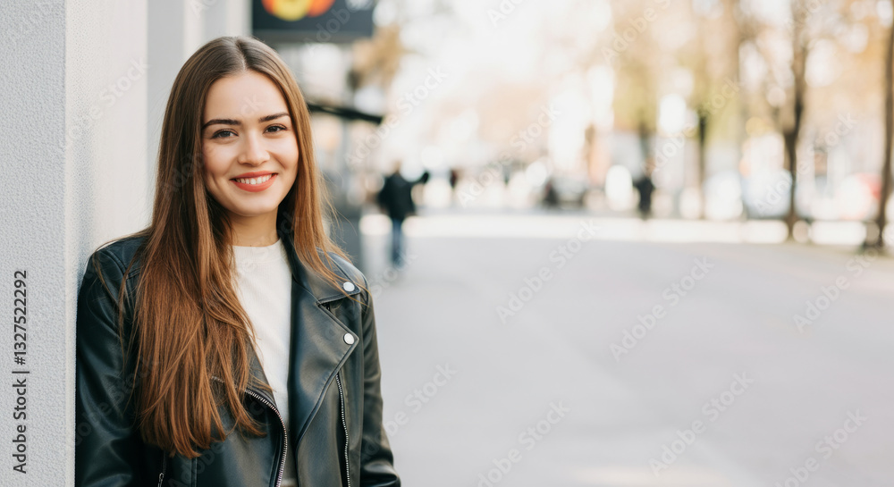 Young caucasian female smiling outdoors in casual leather jacket Young caucasian female smiling outdoors in casual leather jacket