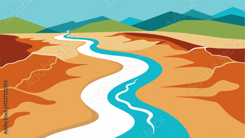 The rivers edges marked with stark white lines evidence of how far the water has receded during the drought.. Vector illustration